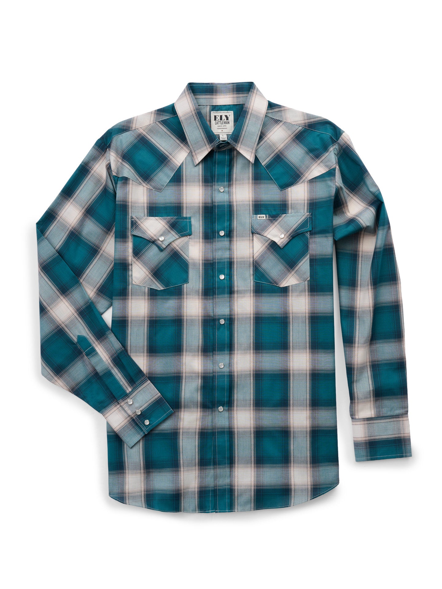 Men's Ely Cattleman Long Sleeve Textured Plaid Western Snap Shirt- Teal