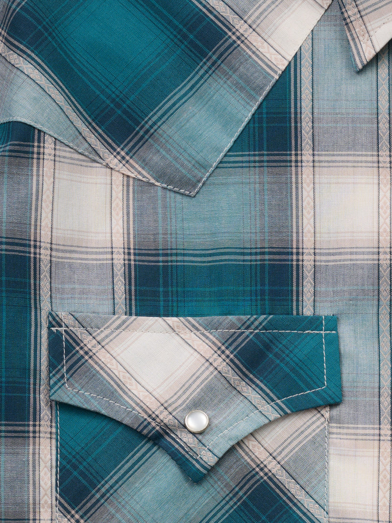 Men's Ely Cattleman Long Sleeve Textured Plaid Western Snap Shirt- Teal