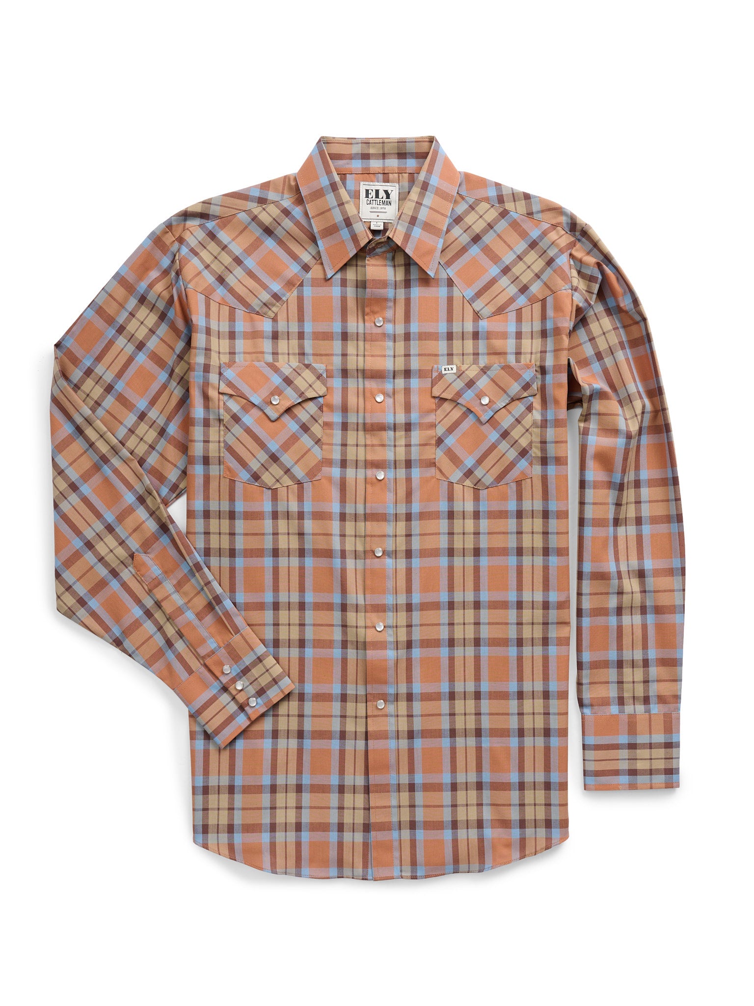 Men's Ely Cattleman Long Sleeve Textured Plaid Western Snap Shirt- Tan LT