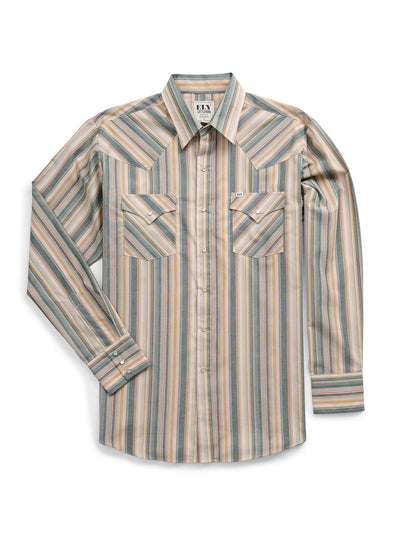 Men's Ely Cattleman Long Sleeve Textured Stripe Western Snap Shirt- Ecru