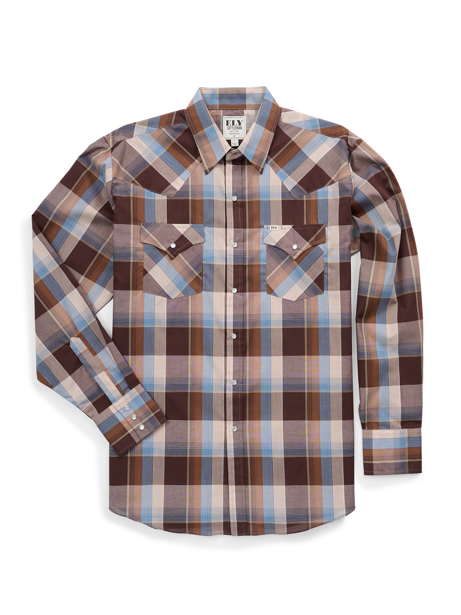 Men's Ely Cattleman Long Sleeve Textured Plaid Western Snap Shirt- Chocolate
