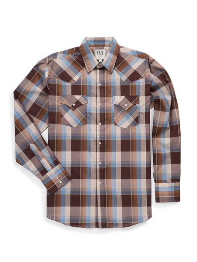 Men's Ely Cattleman Long Sleeve Textured Plaid Western Snap Shirt- Chocolate
