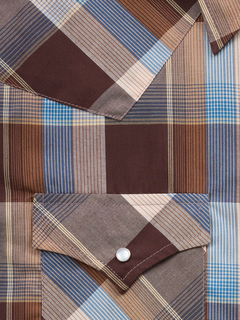 Men's Ely Cattleman Long Sleeve Textured Plaid Western Snap Shirt- Chocolate