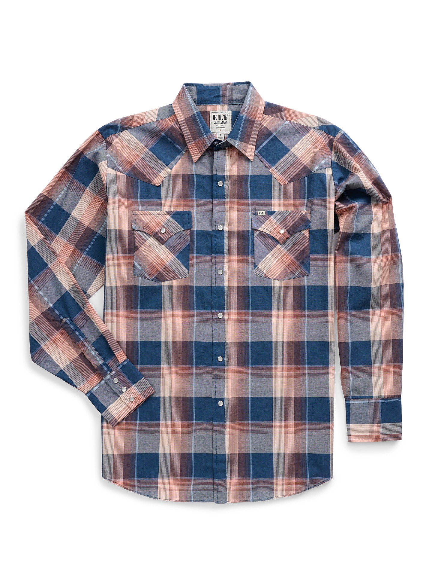 Men's Ely Cattleman Long Sleeve Textured Plaid Western Snap Shirt- Denim Blue