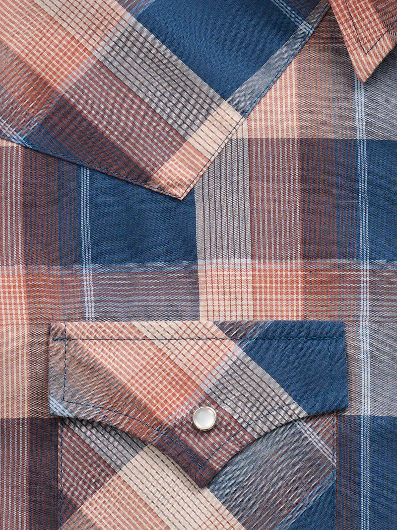Men's Ely Cattleman Long Sleeve Textured Plaid Western Snap Shirt- Denim Blue