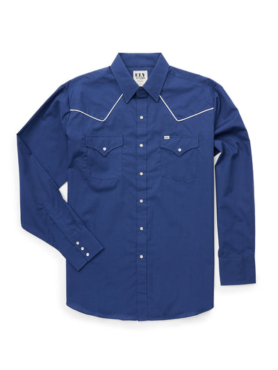 Men's Ely Cattleman Long Sleeve Western Snap Shirt with Contrast Piping- Navy