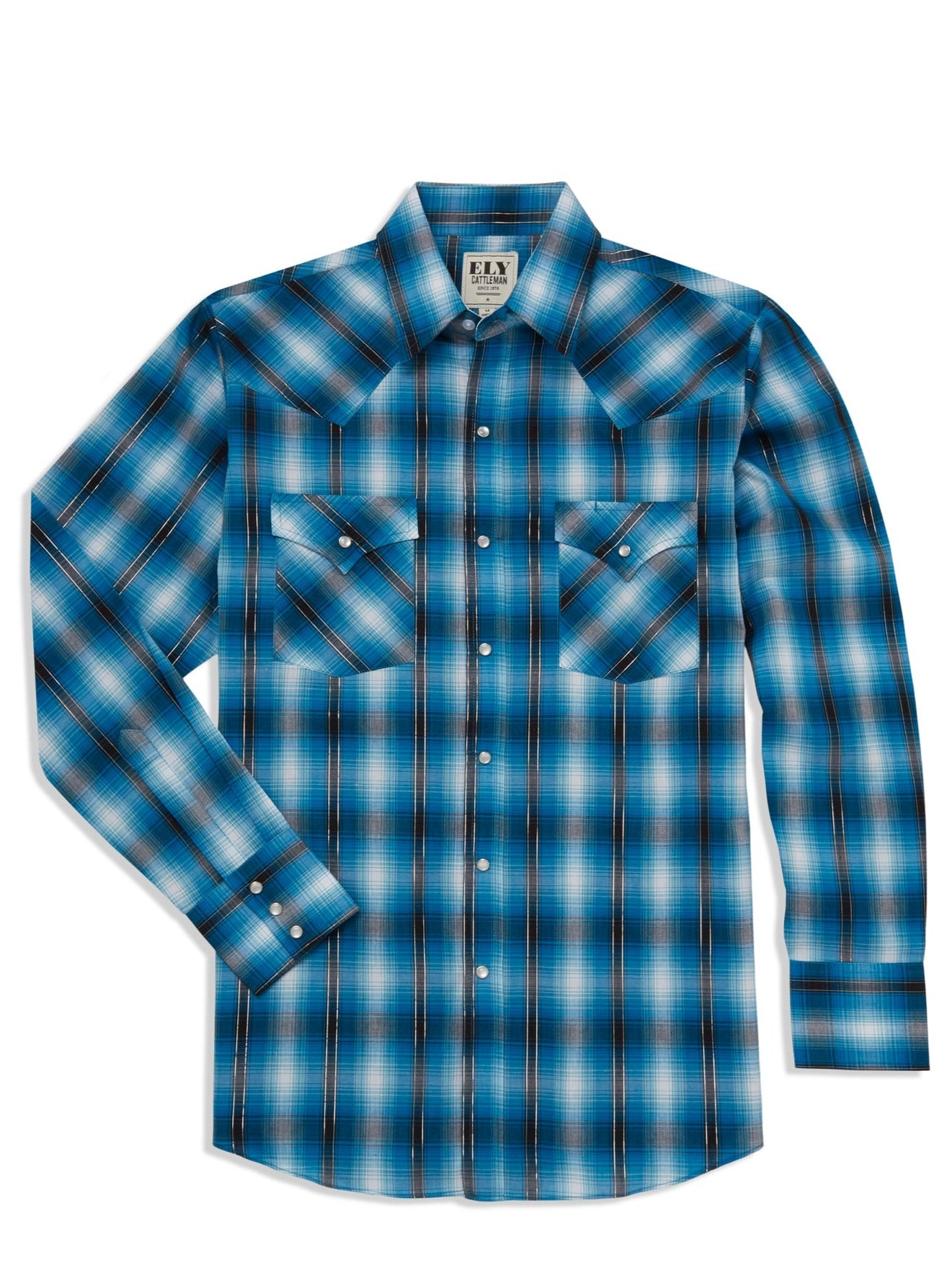 Men's Ely Cattleman Long Sleeve Metallic Thread Plaid Western Snap Shirt- Red & Turquoise
