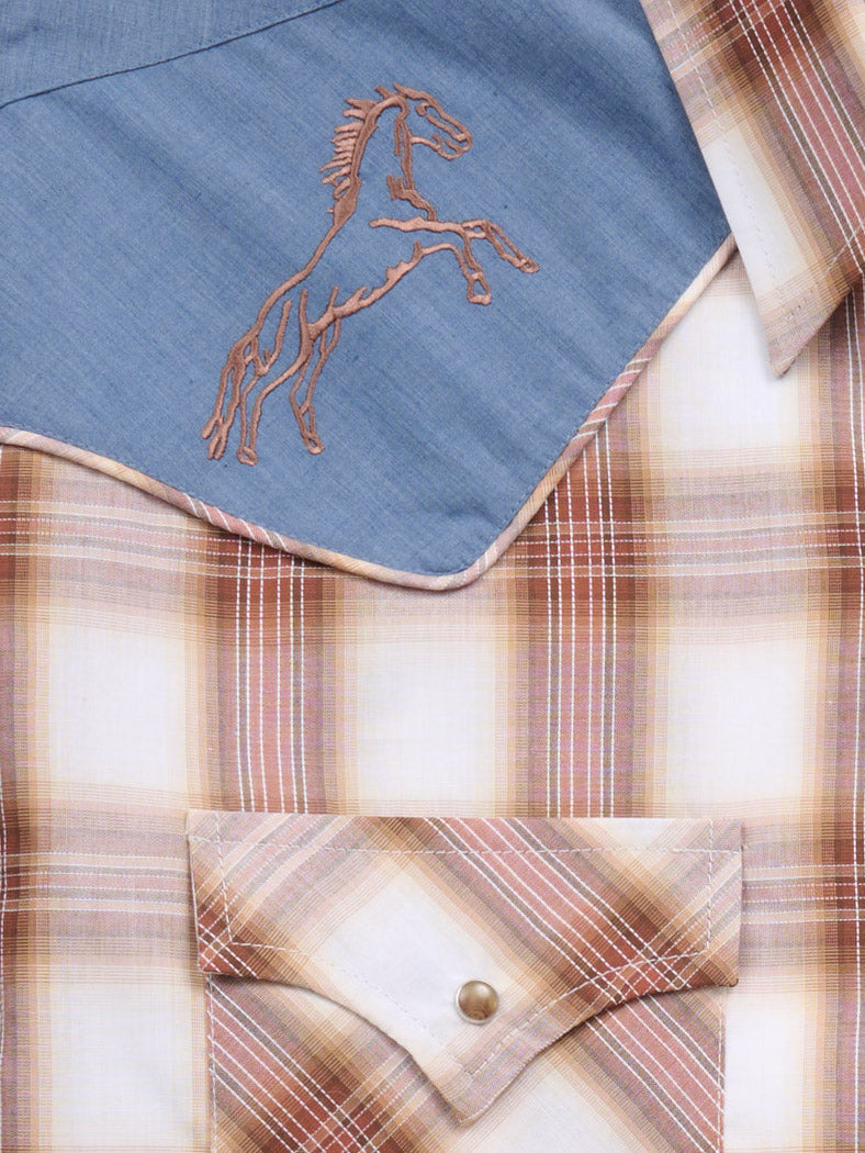 Men's Ely Cattleman Retro Plaid Western Snap Shirt with Horse Embroidery