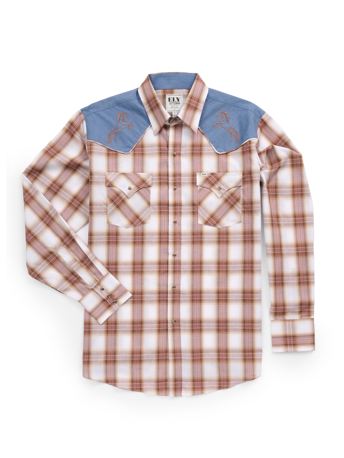 Men's Ely Cattleman Retro Plaid Western Snap Shirt with Horse Embroidery