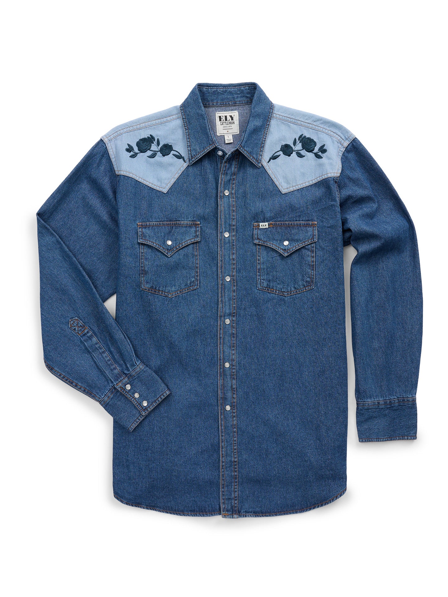 Men's Ely Cattleman Retro Contrast Denim Western Snap Shirt with Rose Embroidery