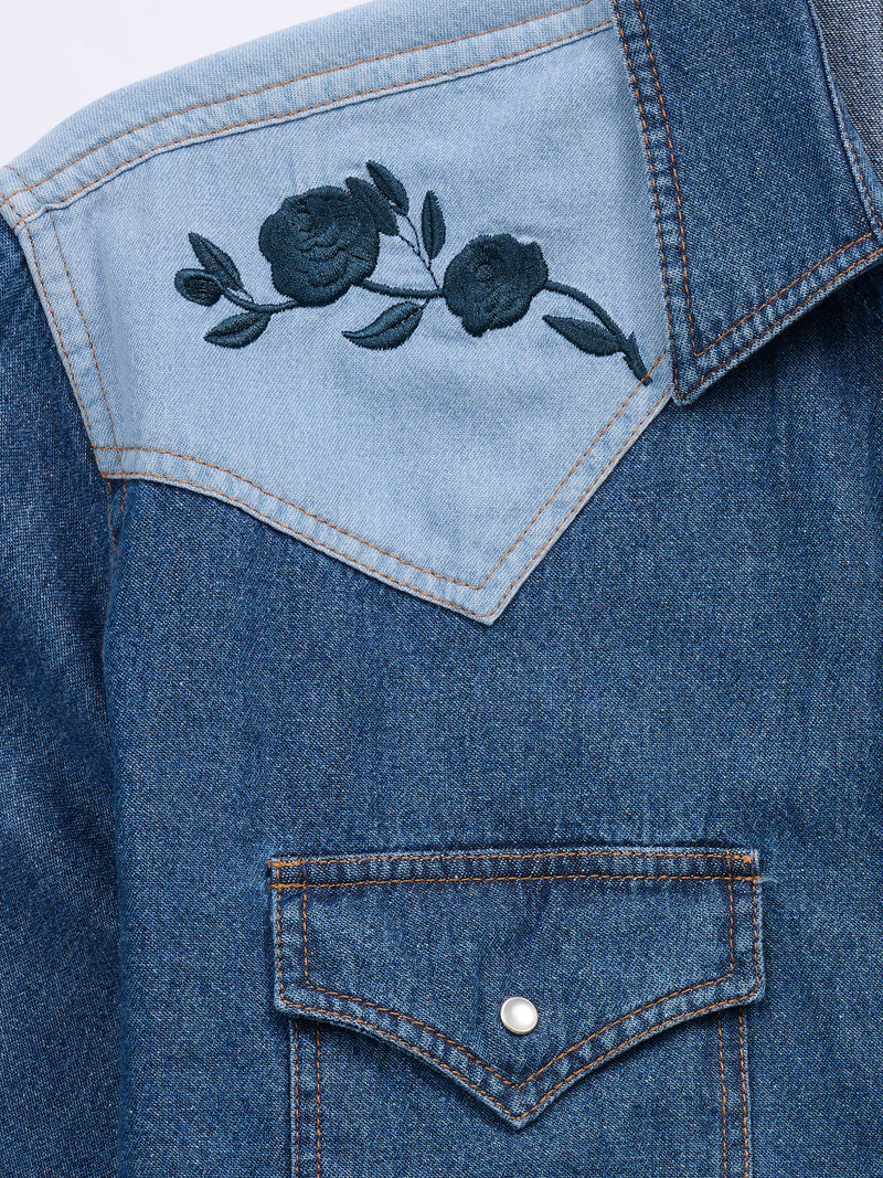 Men's Ely Cattleman Retro Contrast Denim Western Snap Shirt with Rose Embroidery