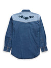 Men's Ely Cattleman Retro Contrast Denim Western Snap Shirt with Rose Embroidery