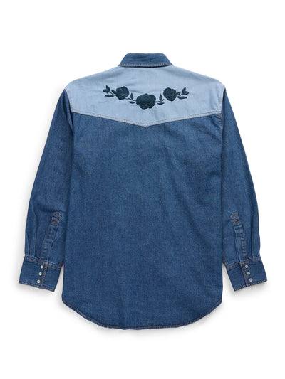 Men's Ely Cattleman Retro Contrast Denim Western Snap Shirt with Rose Embroidery