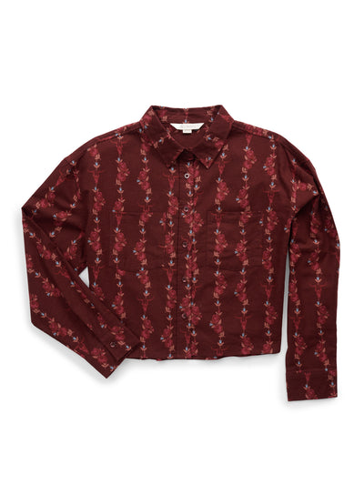 Women's Ely & Walker Burgundy Conversational Print Cropped Boyfriend Flannel Shirt