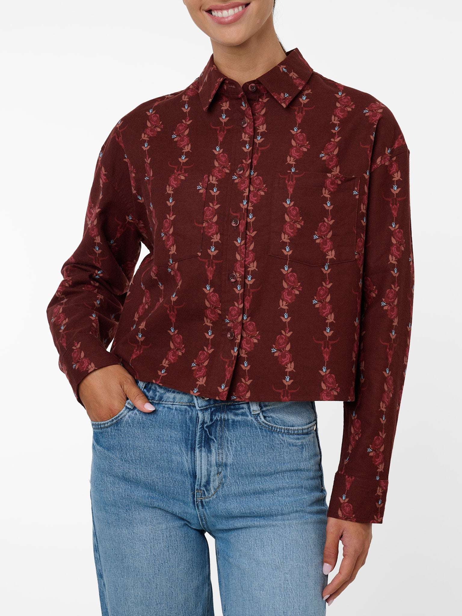 Women's Ely & Walker Burgundy Conversational Print Cropped Boyfriend Flannel Shirt