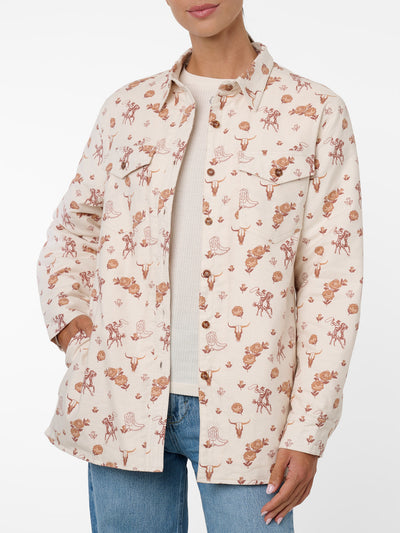 Women's Ely & Walker Ecru Western Motif Print Flannel Shacket with Sherpa Lining