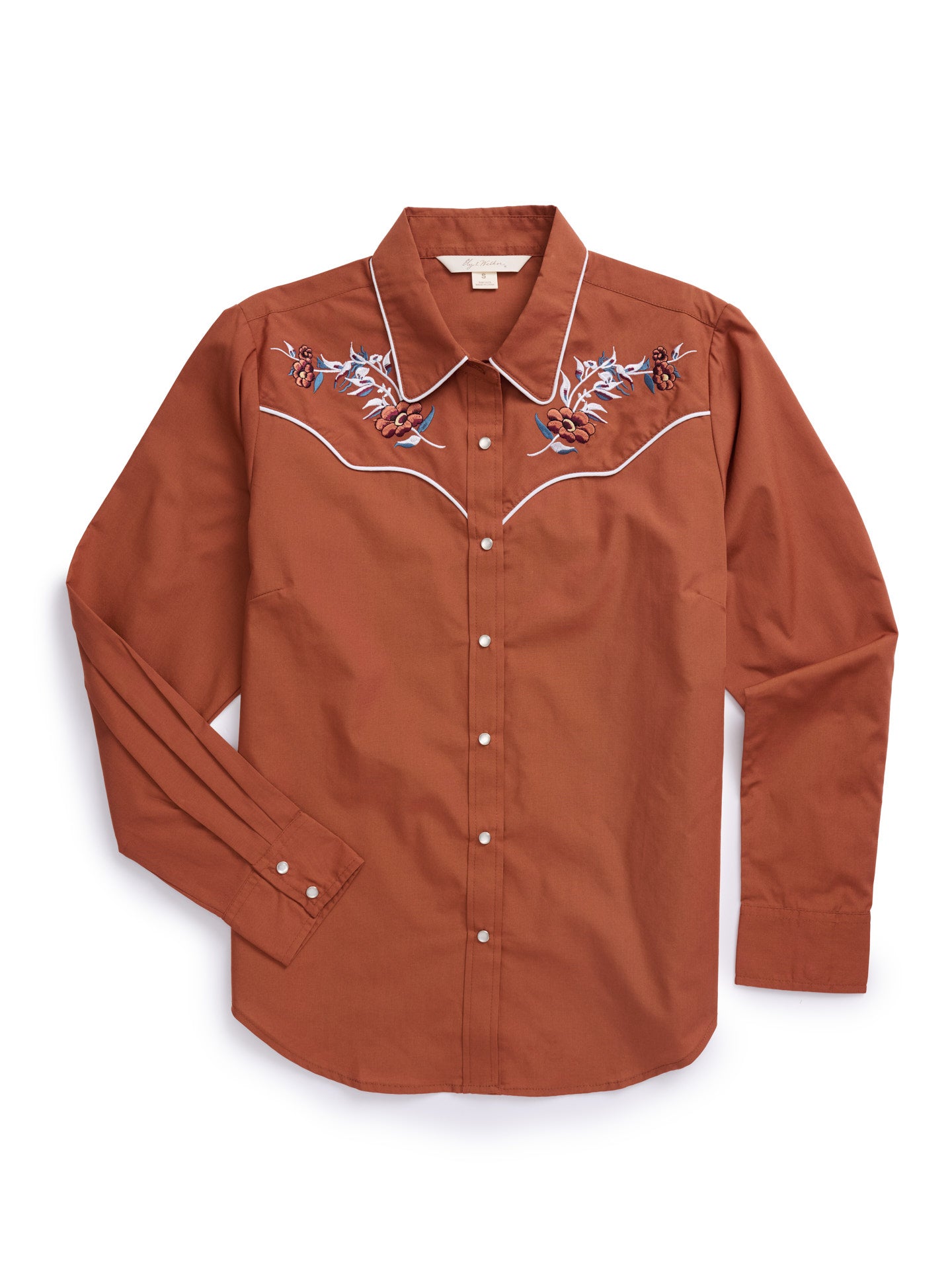 Women's Ely Walker Solid Rust Western Snap Shirt with Floral Embroidery