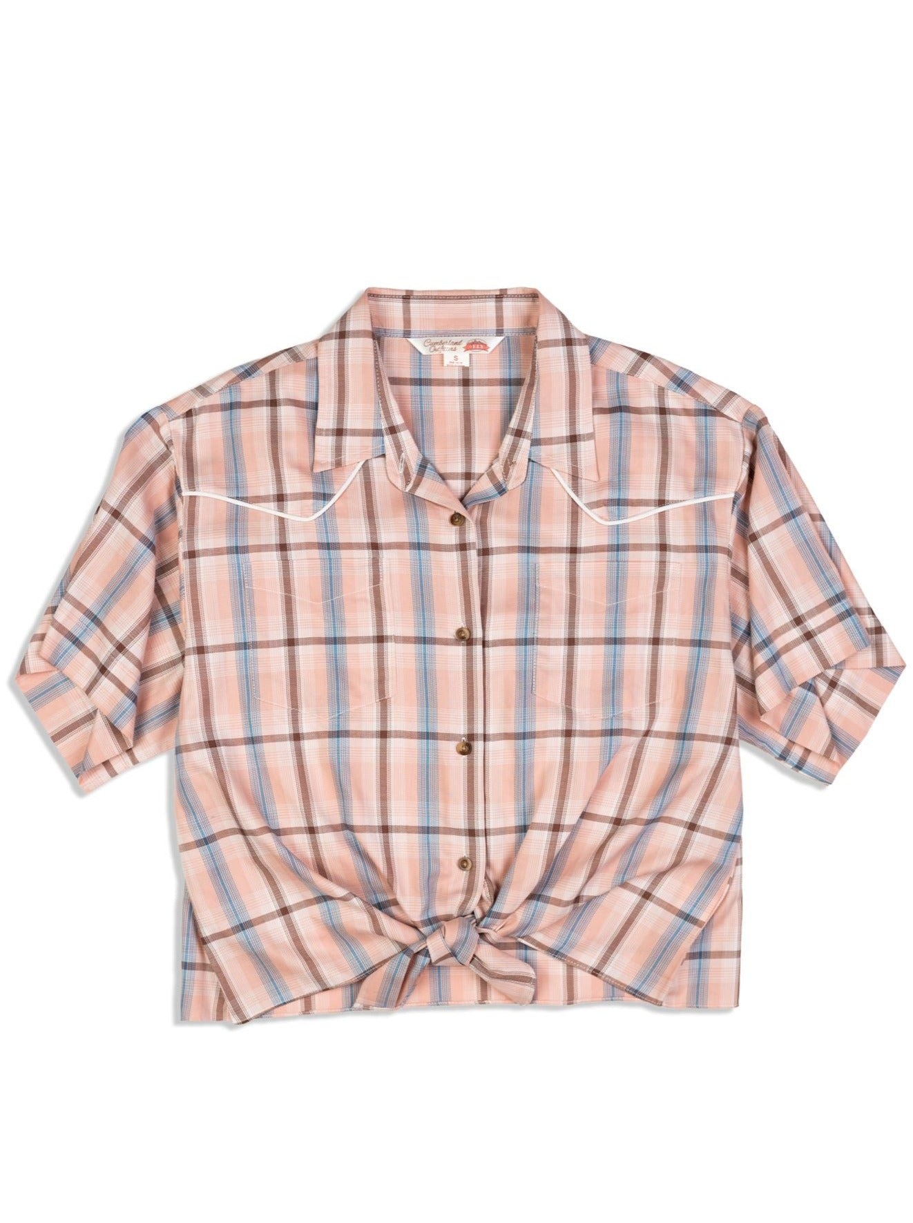 Women's Ely Cattleman Peach Plaid Tie-Front Short Sleeve Shirt