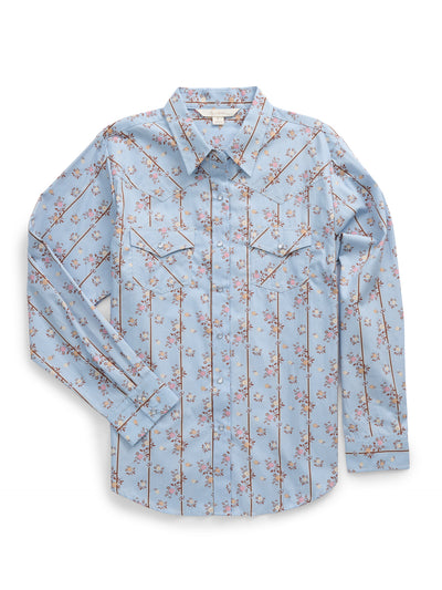 Women's Ely Walker Stone Blue Horseshoe Floral Print Long Sleeve Shirt