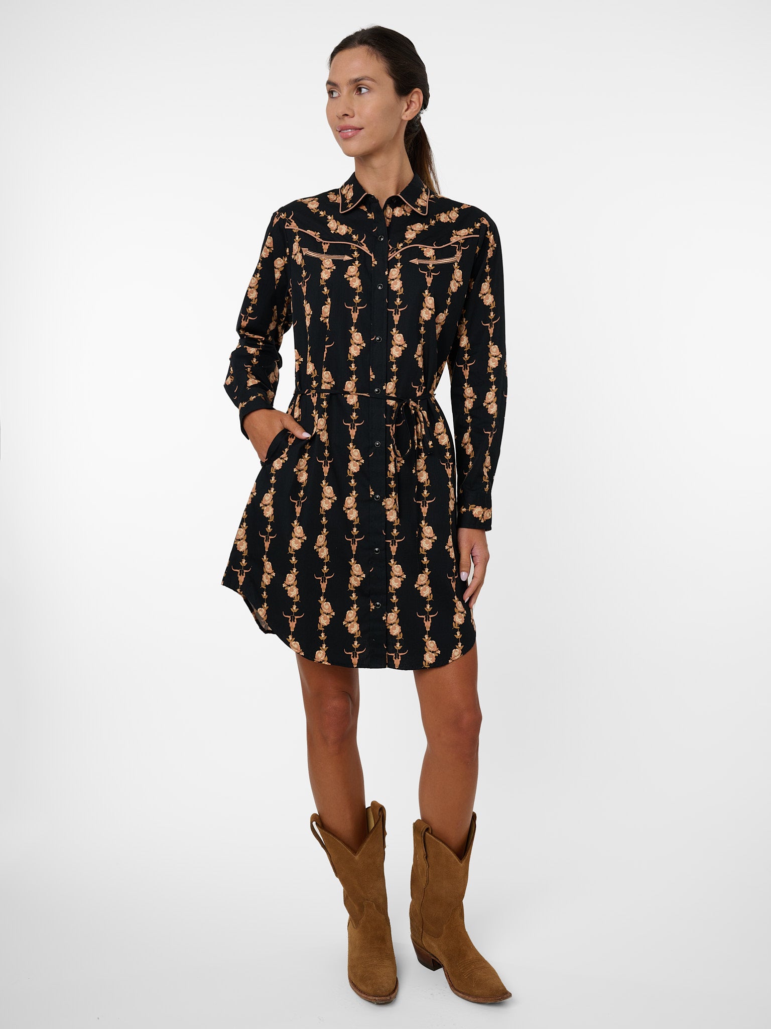 Women's Ely & Walker Black Cotton Rose Print Shirt Dress