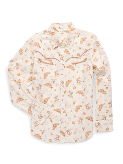 Women's Ely Walker Ecru Conversational Western Motif Print Western Snap Shirt
