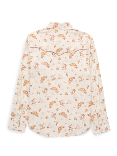 Women's Ely Walker Ecru Conversational Western Motif Print Western Snap Shirt