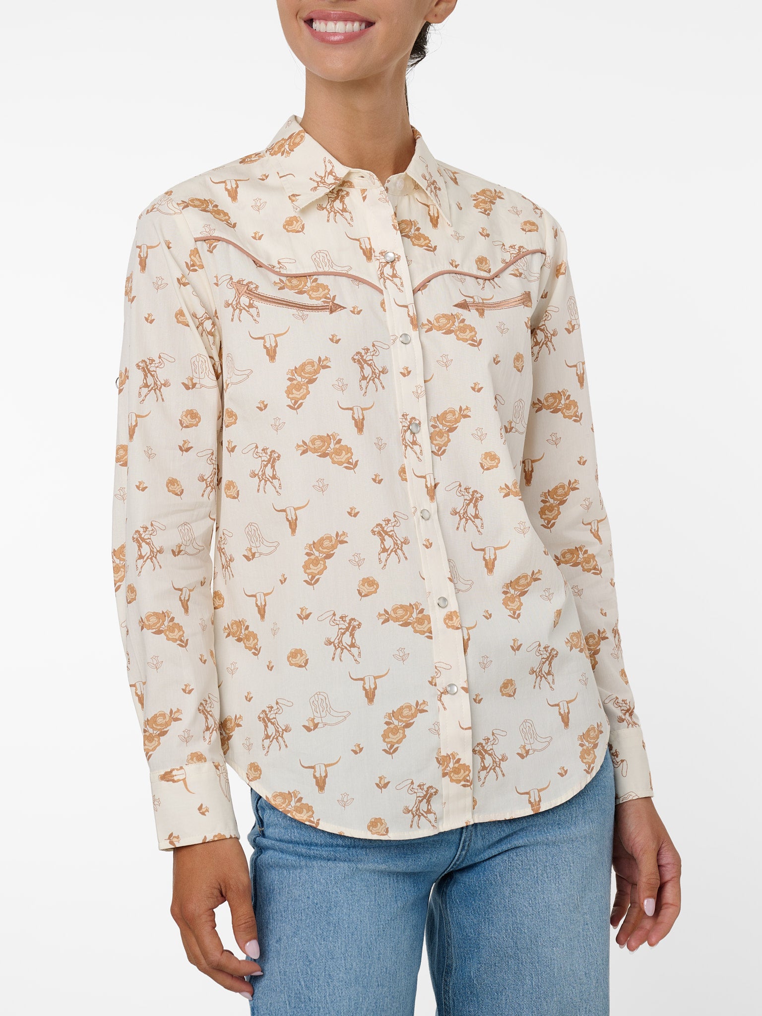 Women's Ely Walker Ecru Conversational Western Motif Print Western Snap Shirt