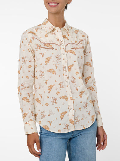 Women's Ely Walker Ecru Conversational Western Motif Print Western Snap Shirt