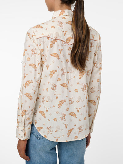 Women's Ely Walker Ecru Conversational Western Motif Print Western Snap Shirt