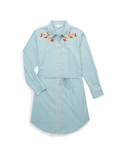 Women's Ely & Walker Dusty Aqua with Caramel Rose Embroidery Shirt Dress