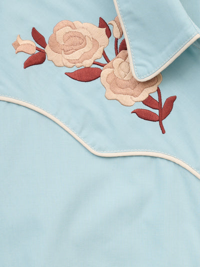 Women's Ely & Walker Dusty Aqua with Caramel Rose Embroidery Shirt Dress