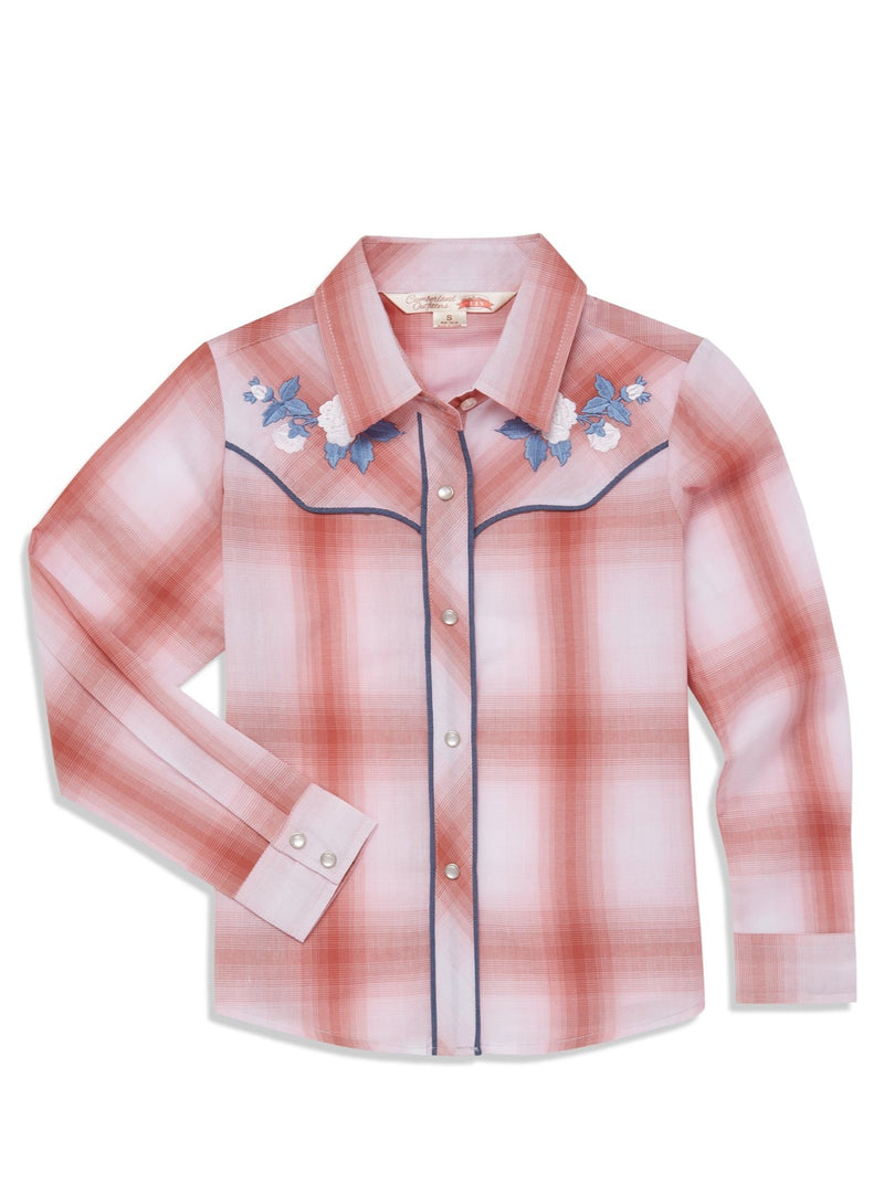 Girl's Ely Cattleman Plaid Western Snap Shirt with Rose Embroidery