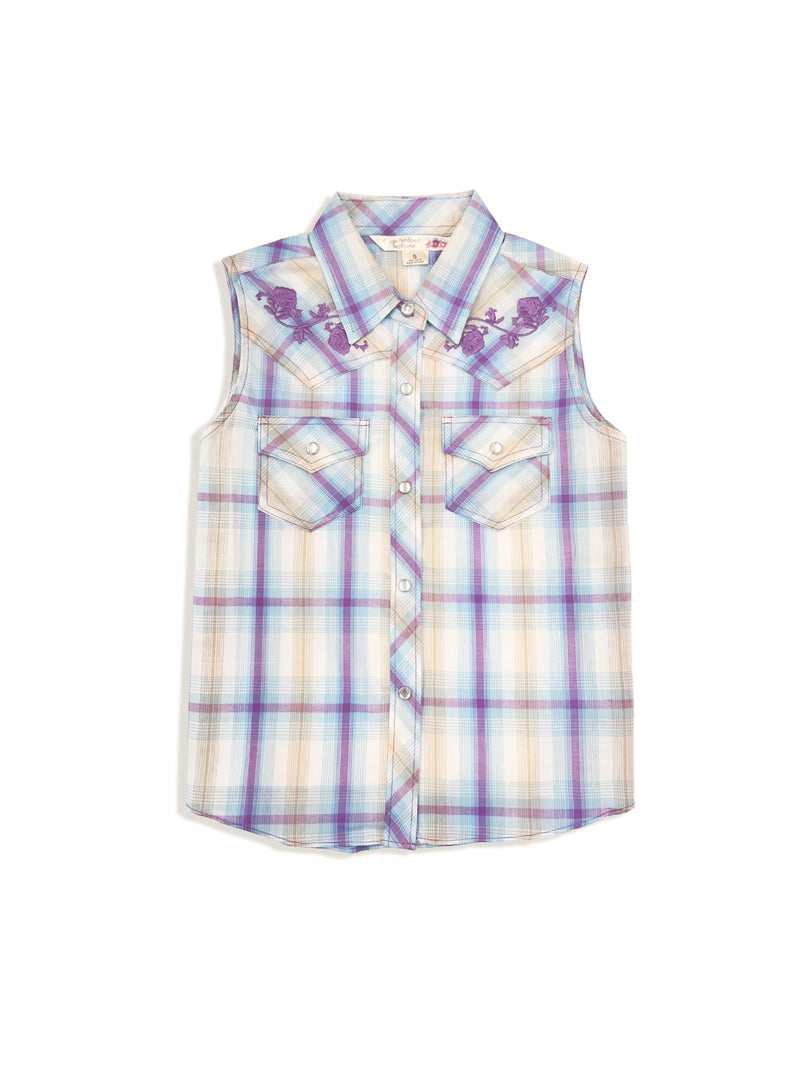 Girl's Ely Cattleman Plaid with Floral Embroidery Sleeveless Shirt