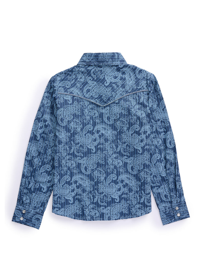 Girl's Ely Cattleman Denim Blue Paisley Print Western Snap Shirt