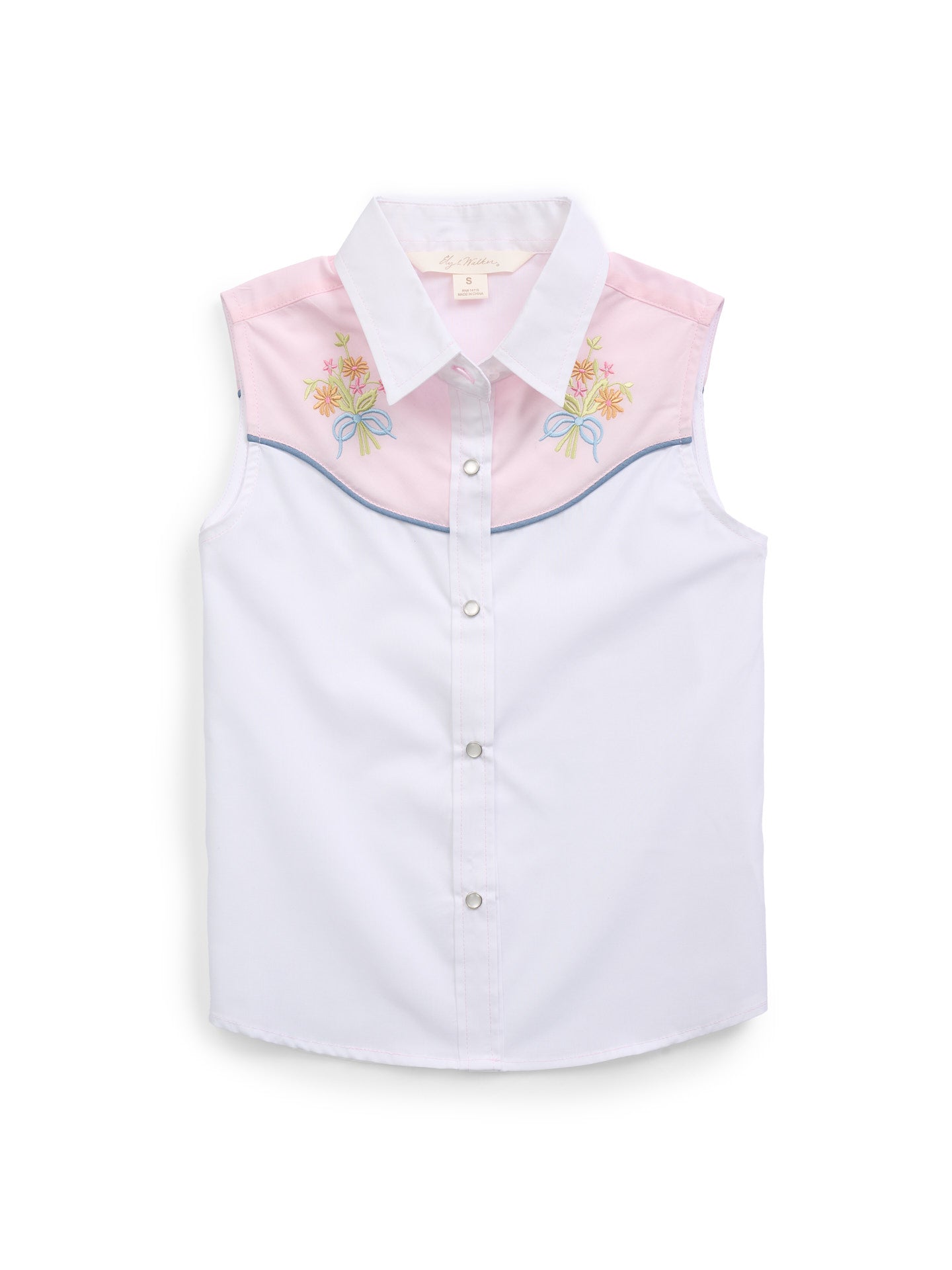 Girl's Ely White Solid with Floral Embroidery Sleeveless Shirt