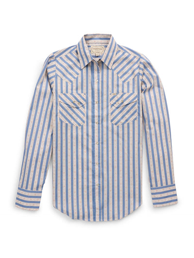 Women's Cowboygirl Horseshoe Cowboy Blue Striped Print Granddaddy Snap Shirt