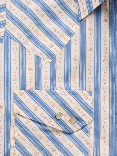 Women's Cowboygirl Horseshoe Cowboy Blue Striped Print Granddaddy Snap Shirt