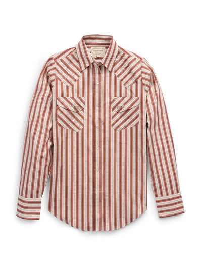 Women's Cowboygirl Ranch Rig Rust Horseshoe Striped Print Granddaddy Snap Shirt