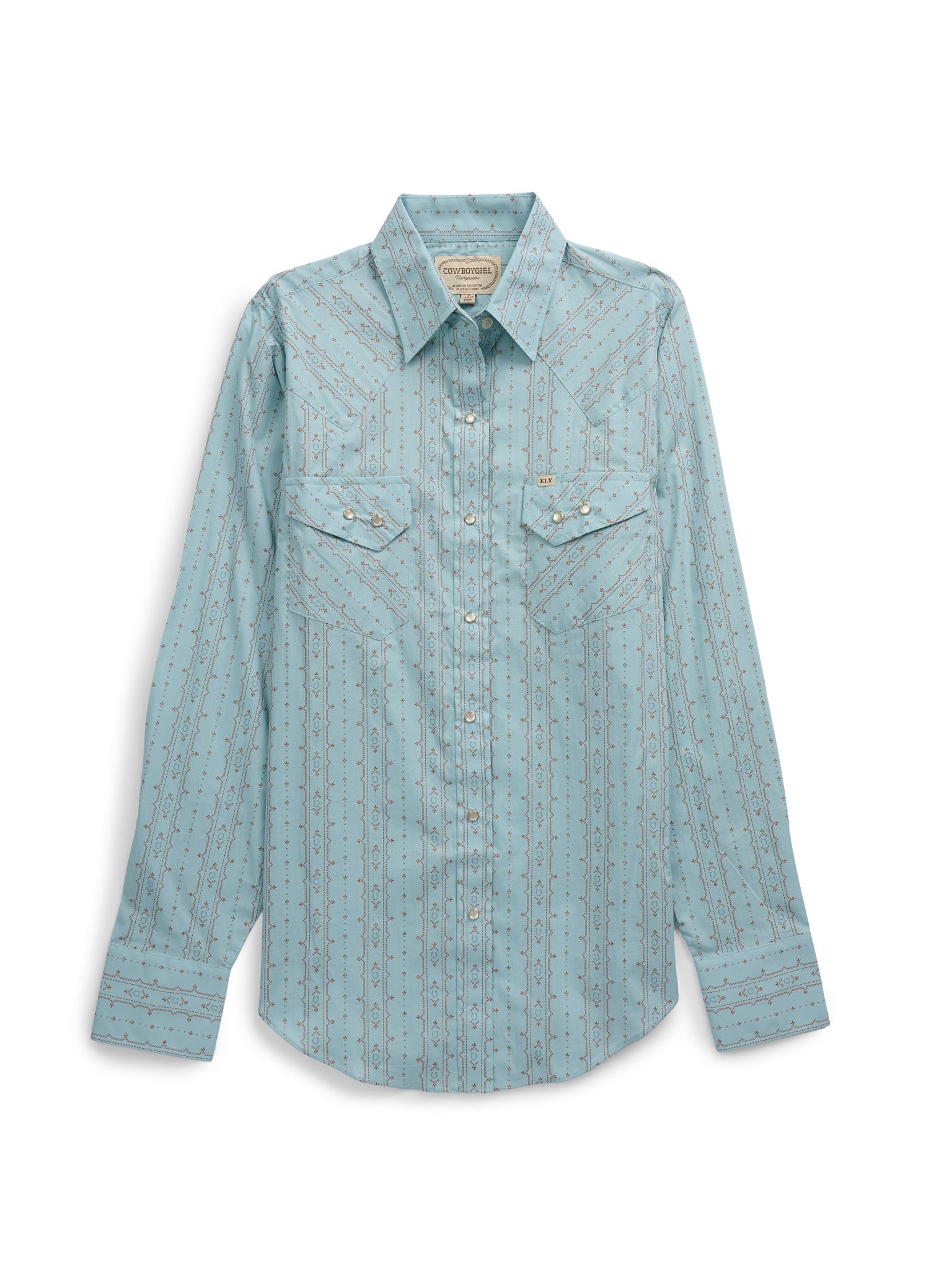 Women's Cowboygirl Vintage Turquoise Horseshoe Print Granddaddy Snap Shirt