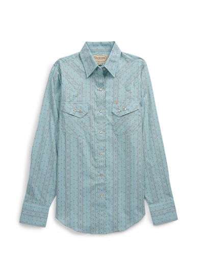 Women's Cowboygirl Vintage Turquoise Horseshoe Print Granddaddy Snap Shirt