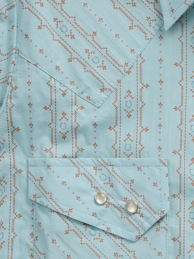 Women's Cowboygirl Vintage Turquoise Horseshoe Print Granddaddy Snap Shirt