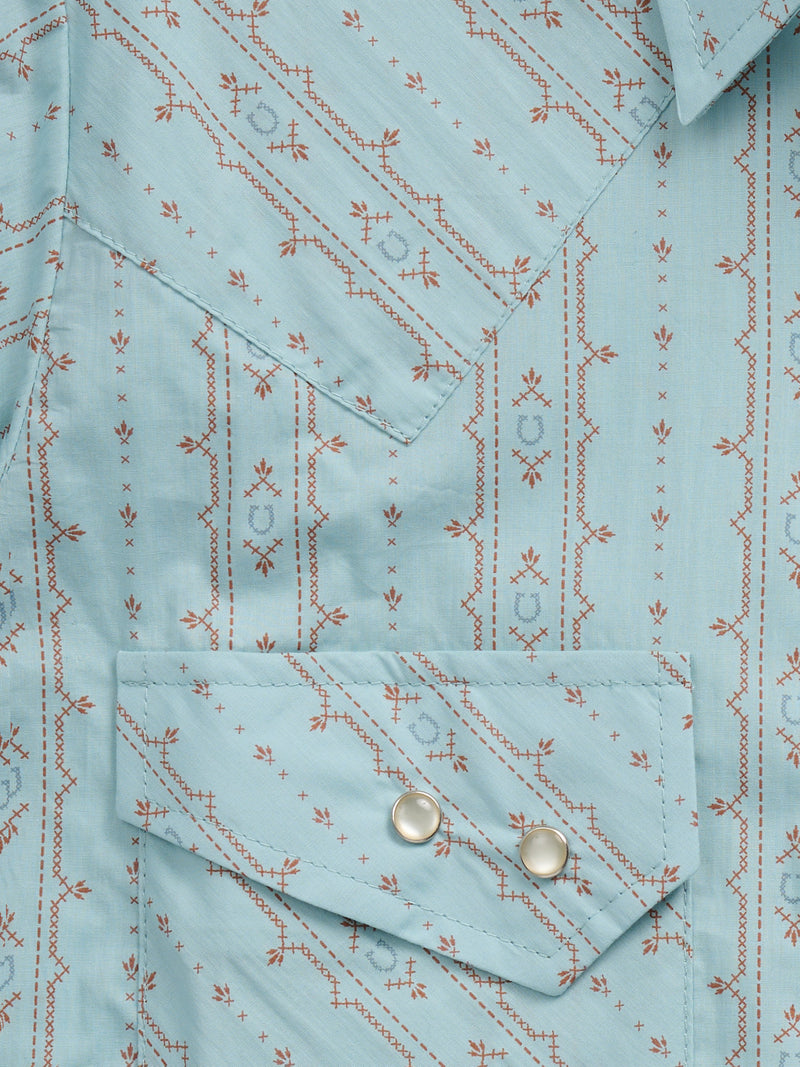 Women's Cowboygirl Vintage Turquoise Horseshoe Print Granddaddy Snap Shirt