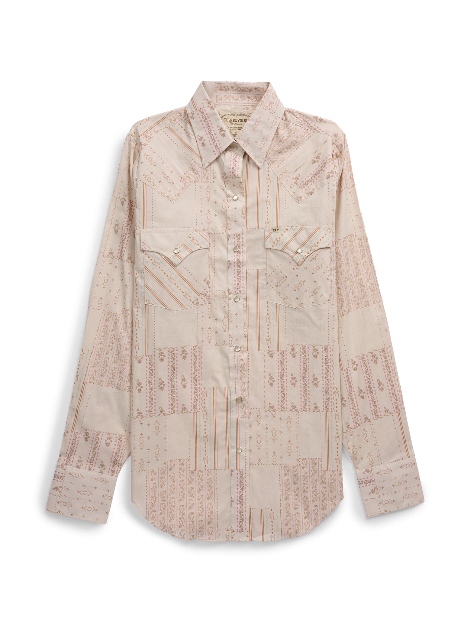 Women's Cowboygirl Vintage Ecru Quilt Print Granddaddy Snap Shirt