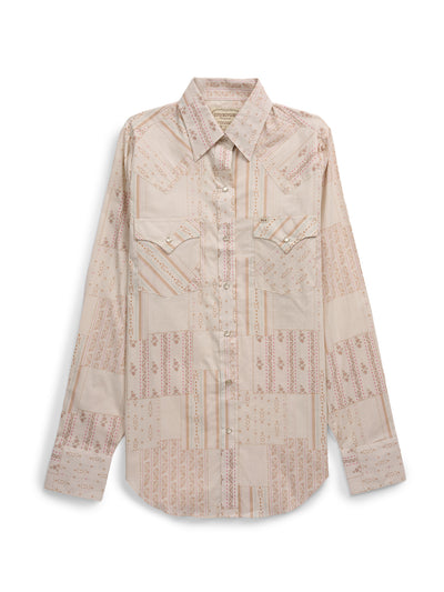 Women's Cowboygirl Vintage Ecru Quilt Print Granddaddy Snap Shirt