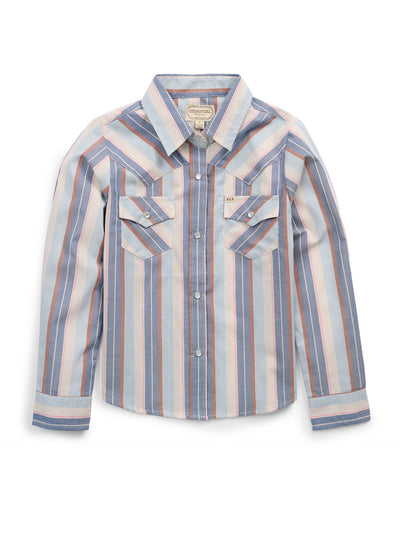 Girl's Cowboygirl Ecru & Cowboy Blue Striped Granddaddy Western Snap Shirt