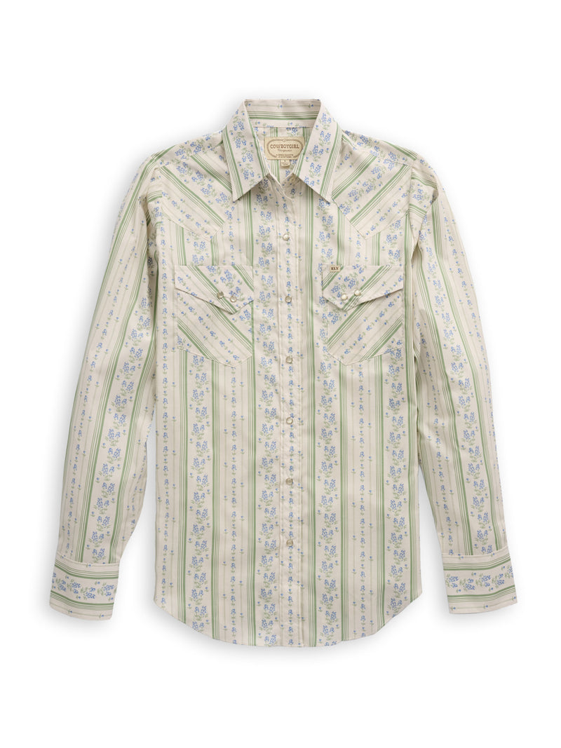 Women's Cowboygirl Bluebonnet Stripe Print Granddaddy Snap Shirt