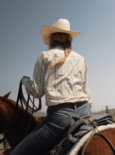Women's Cowboygirl Bluebonnet Stripe Print Granddaddy Snap Shirt