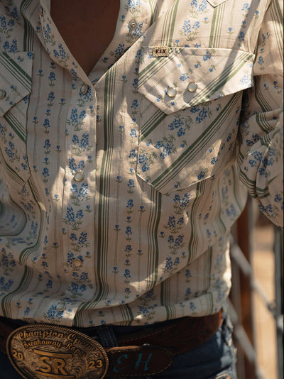 Women's Cowboygirl Bluebonnet Stripe Print Granddaddy Snap Shirt