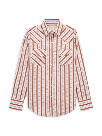 Women's Cowboygirl Ranch Rig Rust Rose Stripe Print Granddaddy Snap Shirt