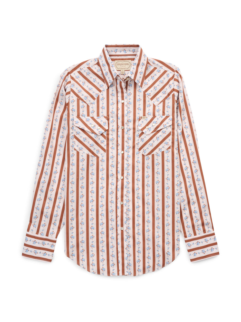 Women's Cowboygirl Ranch Rig Rust Rose Stripe Print Granddaddy Snap Shirt